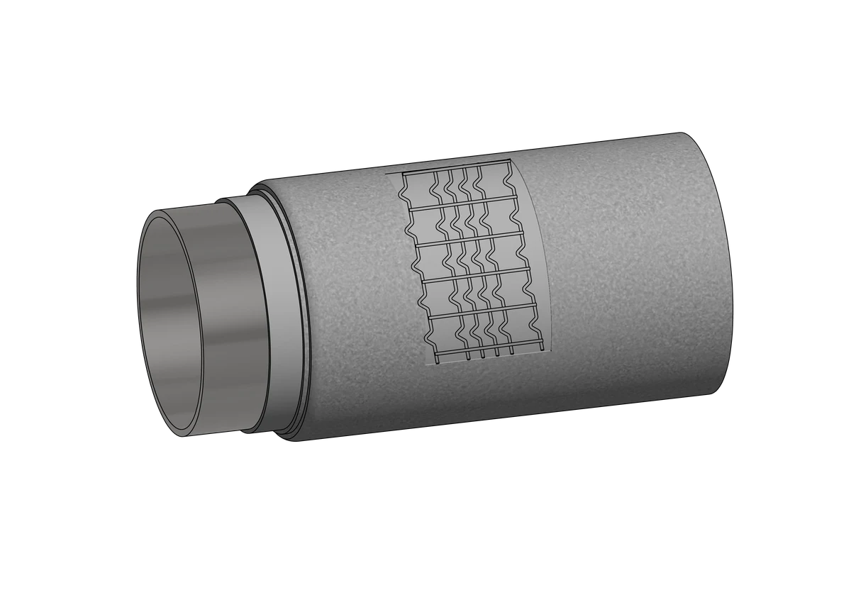 Illustrative pipe cutaway showing the steel pipe, protective coating, mesh reinforcement and concrete coating
